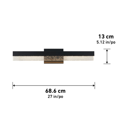 The Artika Bubble Bar LED bathroom vanity light features a black and gold rectangular design, measures 68.6 cm (27 in) wide by 13 cm (5.12 in) tall, and is shown against a white background with labeled dimensions.