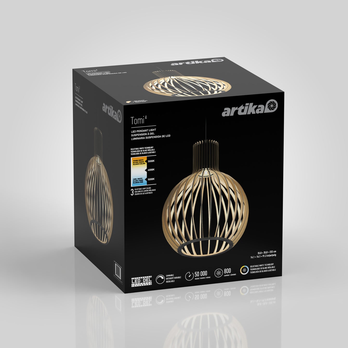A black Artika box showcases the Tomi LED Pendant Light 3 CCT, featuring a modern wooden openwork design. The packaging highlights its LED technology with 800 lumens brightness and a 50,000-hour lifespan.