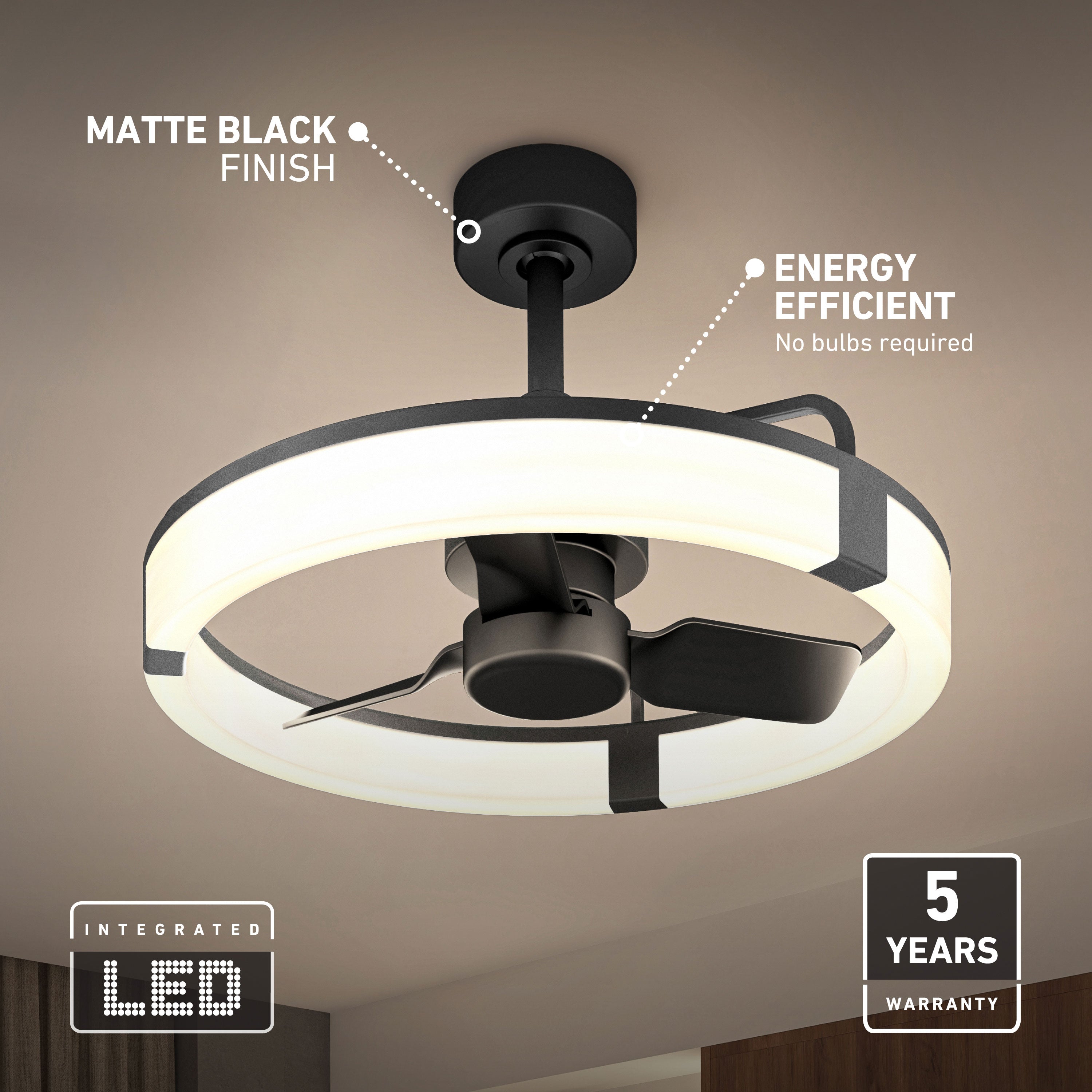 Sunnyvale 23 in. LED modern ceiling fan in Black | Artika