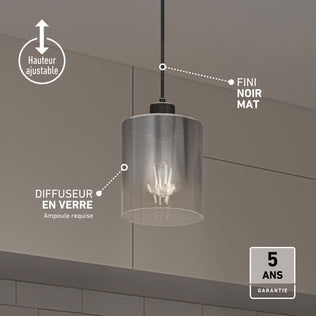 Artika Haze glass pendant light with matte black finish, adjustable height—ideal for kitchen islands. 5-year warranty included.