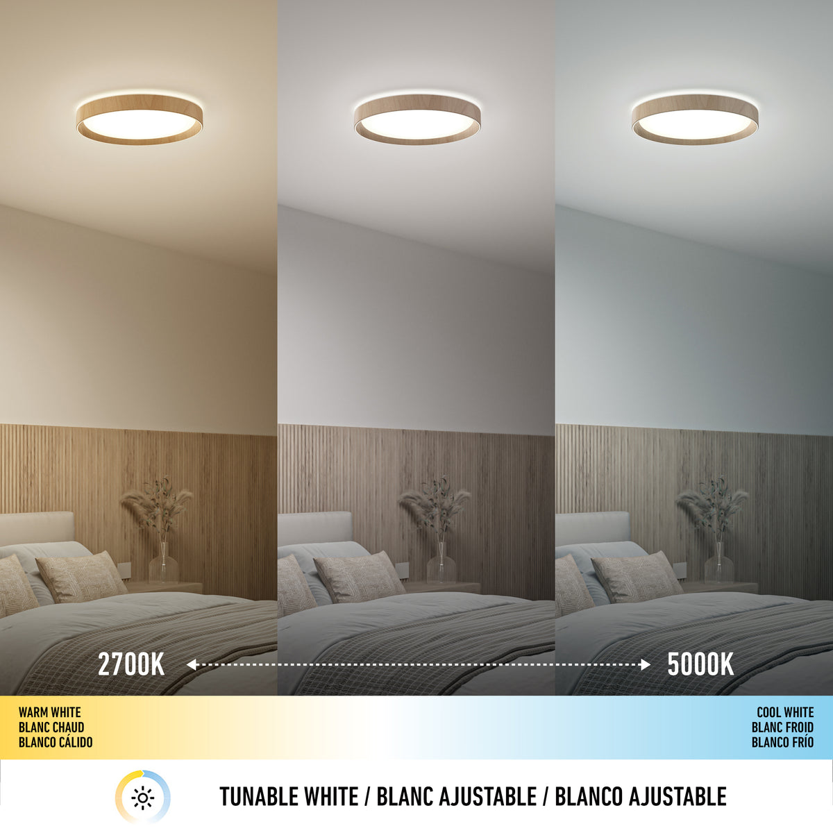 A modern ceiling light above a bed is shown with three different light settings: warm white (2700K), neutral, and cool white (5000K). A color temperature scale and text labels describe the adjustable light feature.