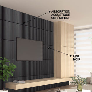 Modern living room with Artika Sonolok 15.5 ft sound-absorbing wall panel kit (4-pack), TV, and wooden cabinet.