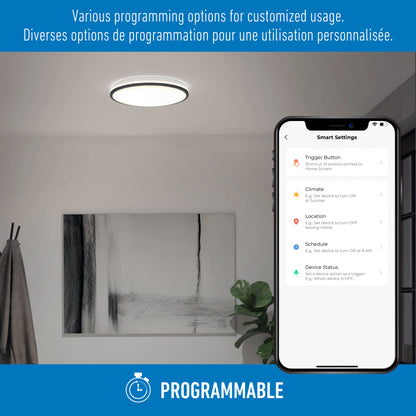 A smartphone shows smart settings for the Artika Macy 15 in. LED modern flush mount light RGB Wifi in a modern room, with English and French text above describing customizable programming options.