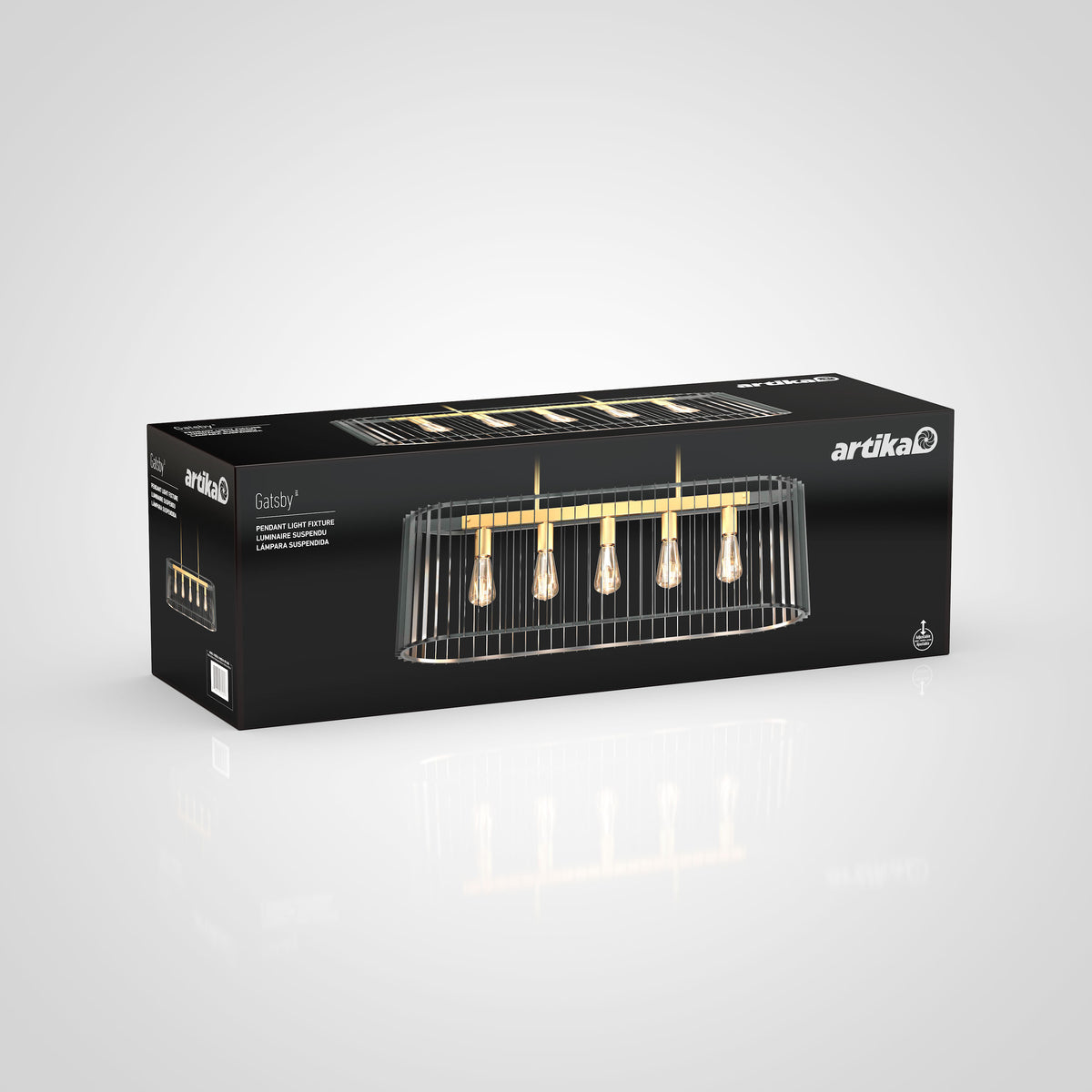 A black rectangular Artika box displays the Gatsby LED pendant light, a modern fixture with gold accents and five exposed bulbs arranged linearly, set against a white background.