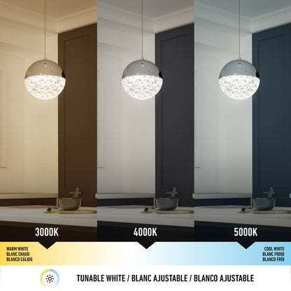 The Artika Carat LED pendant light 3 CCT is shown above a kitchen counter at 3000K, 4000K, and 5000K, with the room’s wall color and lighting changing at each color temperature.