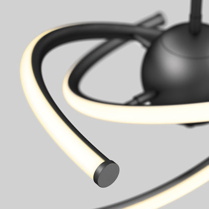 Close-up of a modern, black ceiling light fixture with curved, glowing LED arms on a neutral gray background. The design is sleek and minimalist, highlighting the illuminated edges of the fixture.