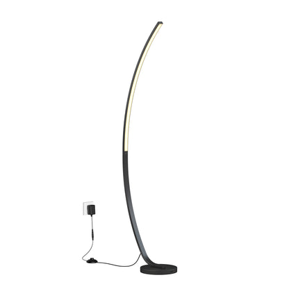 The Artika Arc LED Floor Lamp features a modern curved black design, a slim LED strip, and a round base; it plugs into a wall outlet and is perfect as a sleek lighting solution for any space.