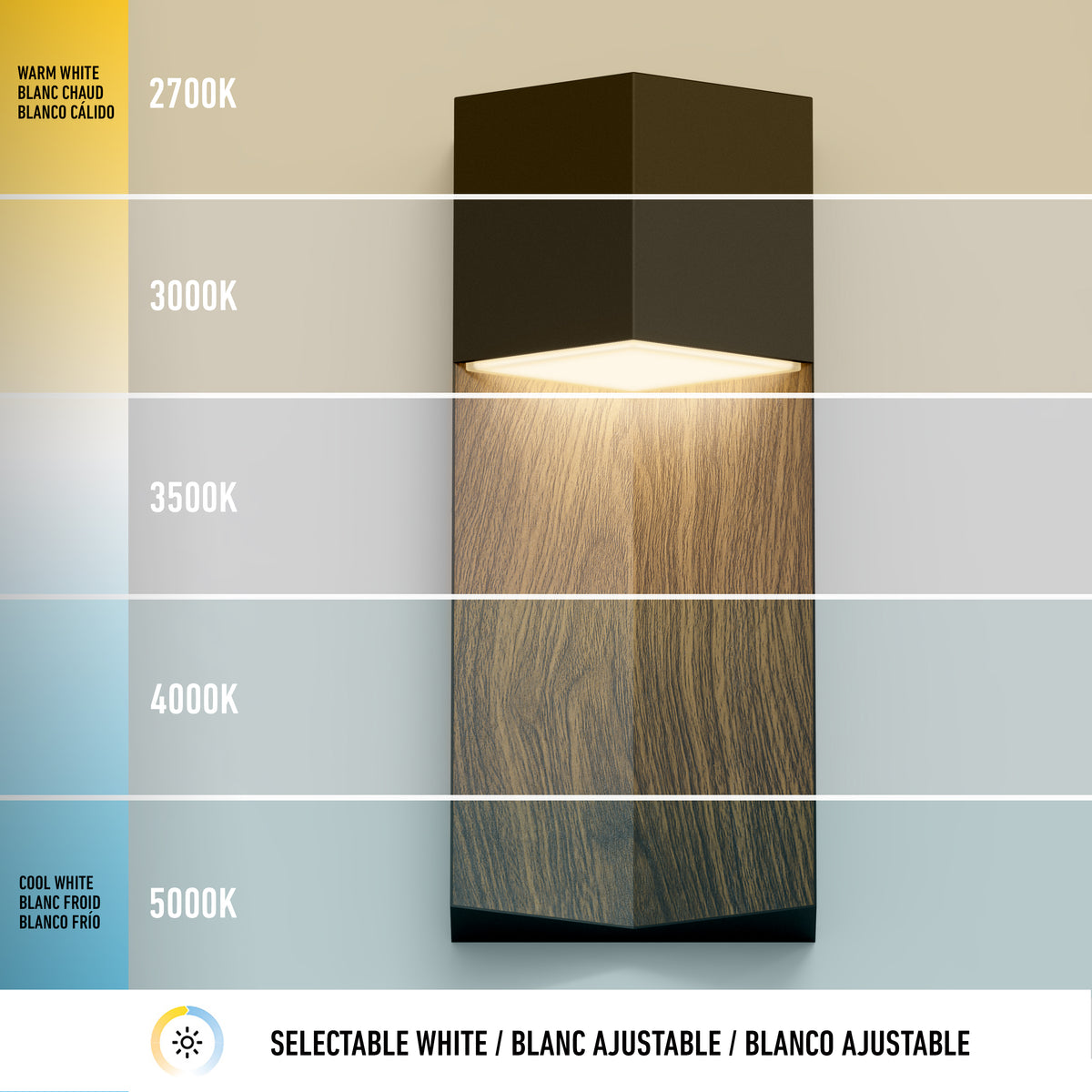 A modern wall lamp with a wood finish emits adjustable white light, shown at different color temperatures: 2700K, 3000K, 3500K, 4000K, and 5000K, ranging from warm to cool white.