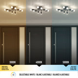 A modern ceiling light above a door, shown in three color temperatures: warm white (3000K), neutral white (4000K), and cool white (5000K), with corresponding lighting effects on the room.