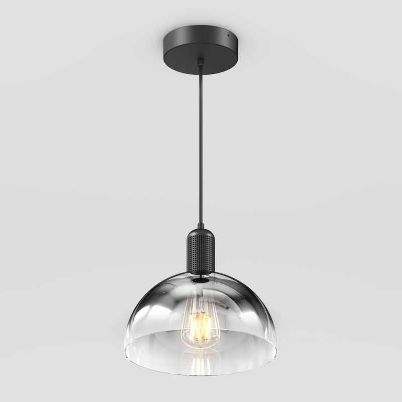 The Artika Nella Pendant without Bulbs features a clear glass dome shade, black metal fixture, and hangs from a black cord against a plain white background.
