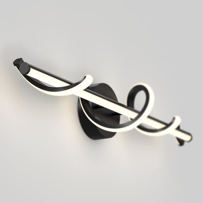 The Artika Coda modern LED bathroom vanity light features a black base and a white curving LED tube looping decoratively around the central bar, shown against a plain light gray background.