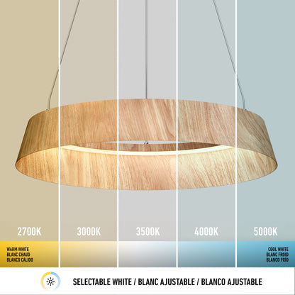 The Artika Tallis LED pendant light 5 CCT is displayed in five selectable color temperatures—2700K (warm white), 3000K, 3500K, 4000K, and 5000K (cool white)—showcasing its adjustable white lighting options.