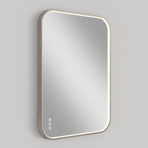 The Artika Royce Dimmable LED Mirror features a rectangular shape with rounded corners, a slim illuminated edge, and three circular touch buttons for defogging and 3 CCT adjustment, shown on a plain gray background.