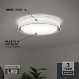 A modern ceiling light with a white finish and plastic diffuser is mounted on a ceiling. Text highlights the white finish, plastic diffuser, integrated LED, and a 3 years warranty. A plant is visible below.