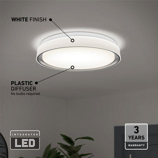 The Artika Niko 15.5 in. modern LED flush mount light features a white finish, plastic diffuser, integrated LEDs (no bulbs required), selectable 5 CCT settings, and includes a 3-year warranty. A plant and picture frame are visible below.
