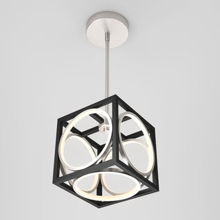 The Artika Astoria LED modern pendant light features a black cube metal frame with circular LED rings inside, suspended from a silver rod, shown against a plain white background.