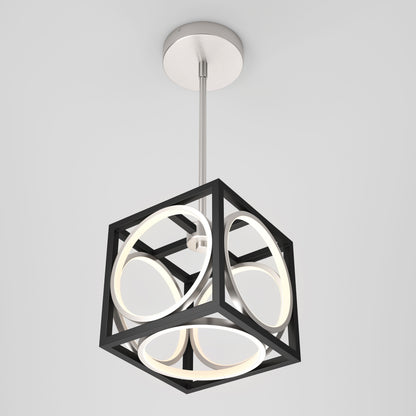 The Artika Astoria LED modern pendant light features a black cube metal frame with circular LED rings inside, suspended from a silver rod, shown against a plain white background.