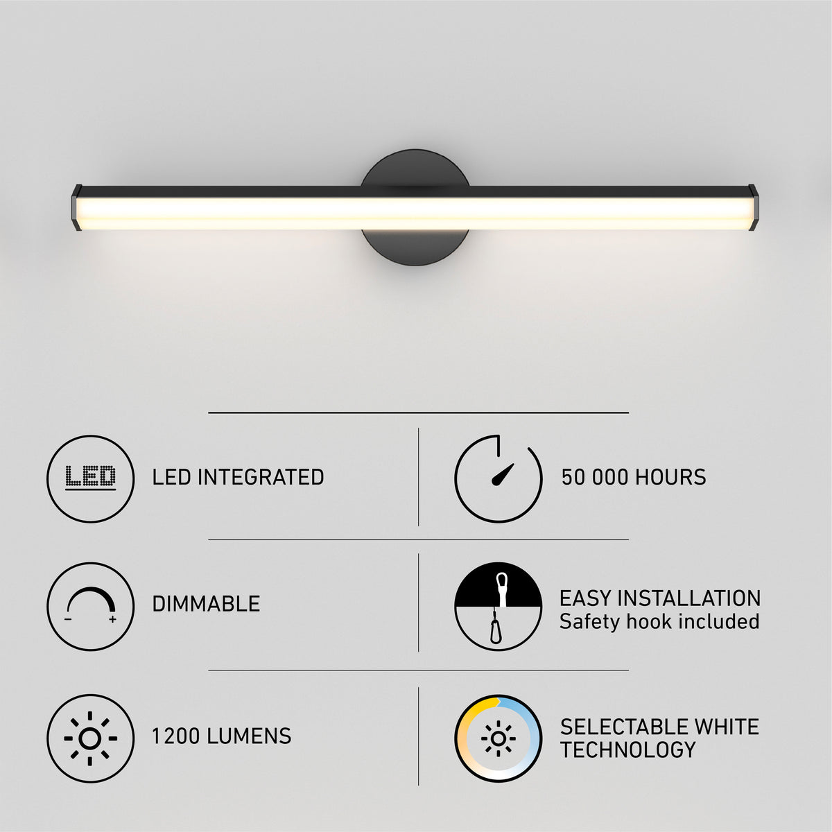Artika Ewen modern LED bathroom vanity light 5 CCT, dimmable, 1200 lumens, 50,000 hrs—ideal adjustable mirror lighting.