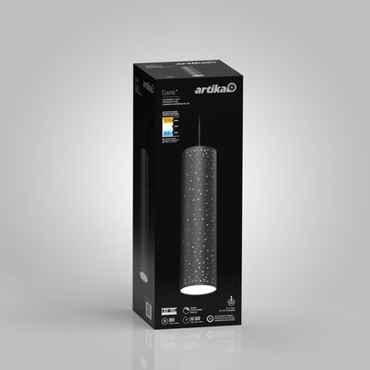 A black rectangular box displays the Artika Cosmic modern LED pendant light 3 CCT with a star-patterned cylindrical design. The packaging features the brand name and product name against a light gray gradient background.