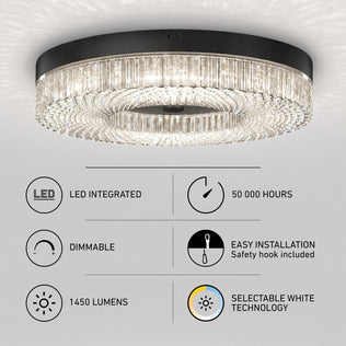 Artika FM Lysara 15 in. LED Fashion Flush Mount Ceiling Light 5 CCT with crystal-like trim and six icons highlighting features like 1450 lumens.