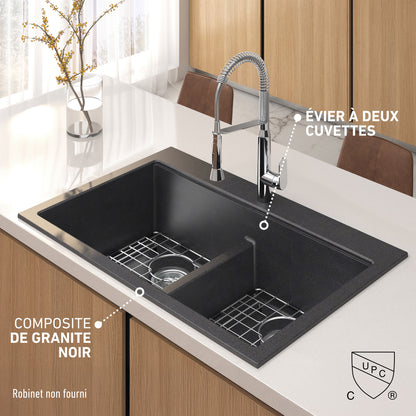 Artika Baycrest 33″ black double bowl granite sink with metal racks and modern faucet on white countertop.