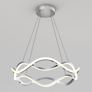The Artika Vanora LED pendant light 5 CCT features wavy, intertwined LED bands suspended by four slim cables from a circular metal base, creating a modern look against any plain white ceiling.