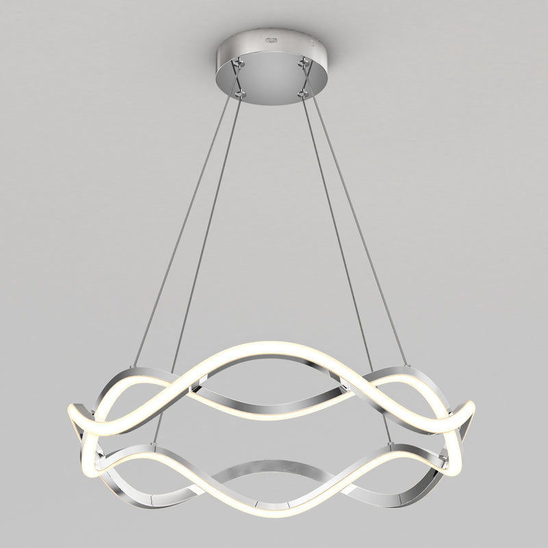 The Artika Vanora LED pendant light 5 CCT features wavy, intertwined LED bands suspended by four slim cables from a circular metal base, creating a modern look against any plain white ceiling.