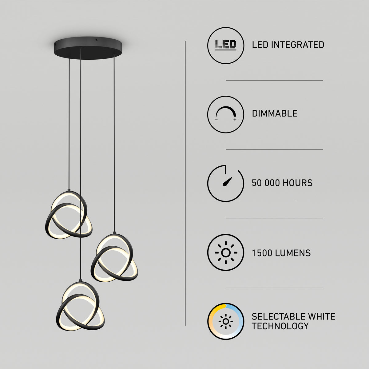 Three modern pendant lights with intertwined rings hang from a ceiling. On the right, icons and text highlight features: LED integrated, dimmable, 50,000 hours, 1,500 lumens, and selectable white technology.