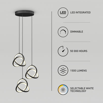 The Artika Zephyr 3-light LED pendant features three intertwined rings, integrated dimmable LEDs, selectable white technology, 50,000-hour lifespan, and delivers 1500 lumens—perfect for modern ceilings.