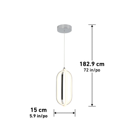 The Arlo 1-light LED pendant by Artika features a modern oval-shaped fixture suspended from a round ceiling mount, measuring 15 cm (5.9 in) wide with a total hanging length of 182.9 cm (72 in).