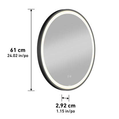 Artika Mateo 28 in. LED mirror with defogger, 3 CCT, shown with cm/inch measurements.