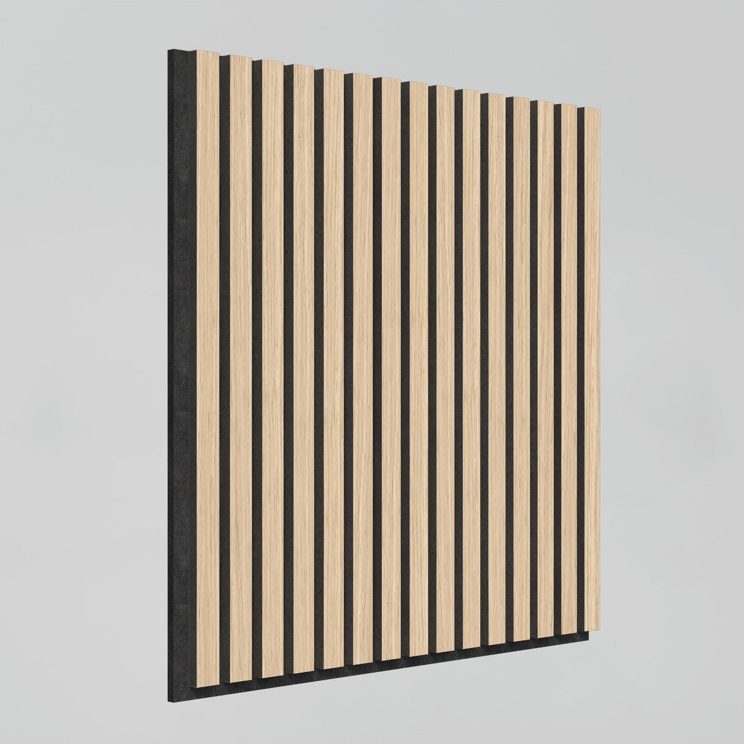 The Sonolok 15.5 ft sound-absorbing wall panel kit by Artika-CAN-dev features alternating vertical light wood and black slats, shown angled against a plain light gray background to highlight its depth and texture.