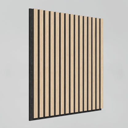 The Sonolok 15.5 ft sound-absorbing wall panel kit by Artika-CAN-dev features alternating vertical light wood and black slats, shown angled against a plain light gray background to highlight its depth and texture.