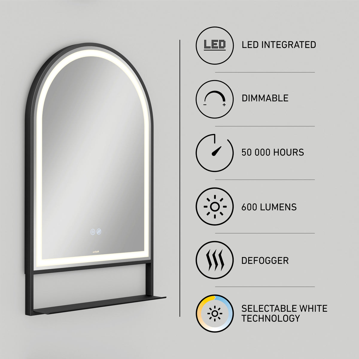 Artika Arturo 20″x32″ LED mirror with shelf, dimmable 3 CCT, 600 lumens, defogger; lasts 50,000 hrs.