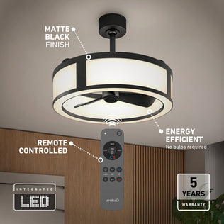 The Artika Huxley 23 in. LED ceiling fan features 3 speeds, matte black finish, remote control, and a 5-year warranty.