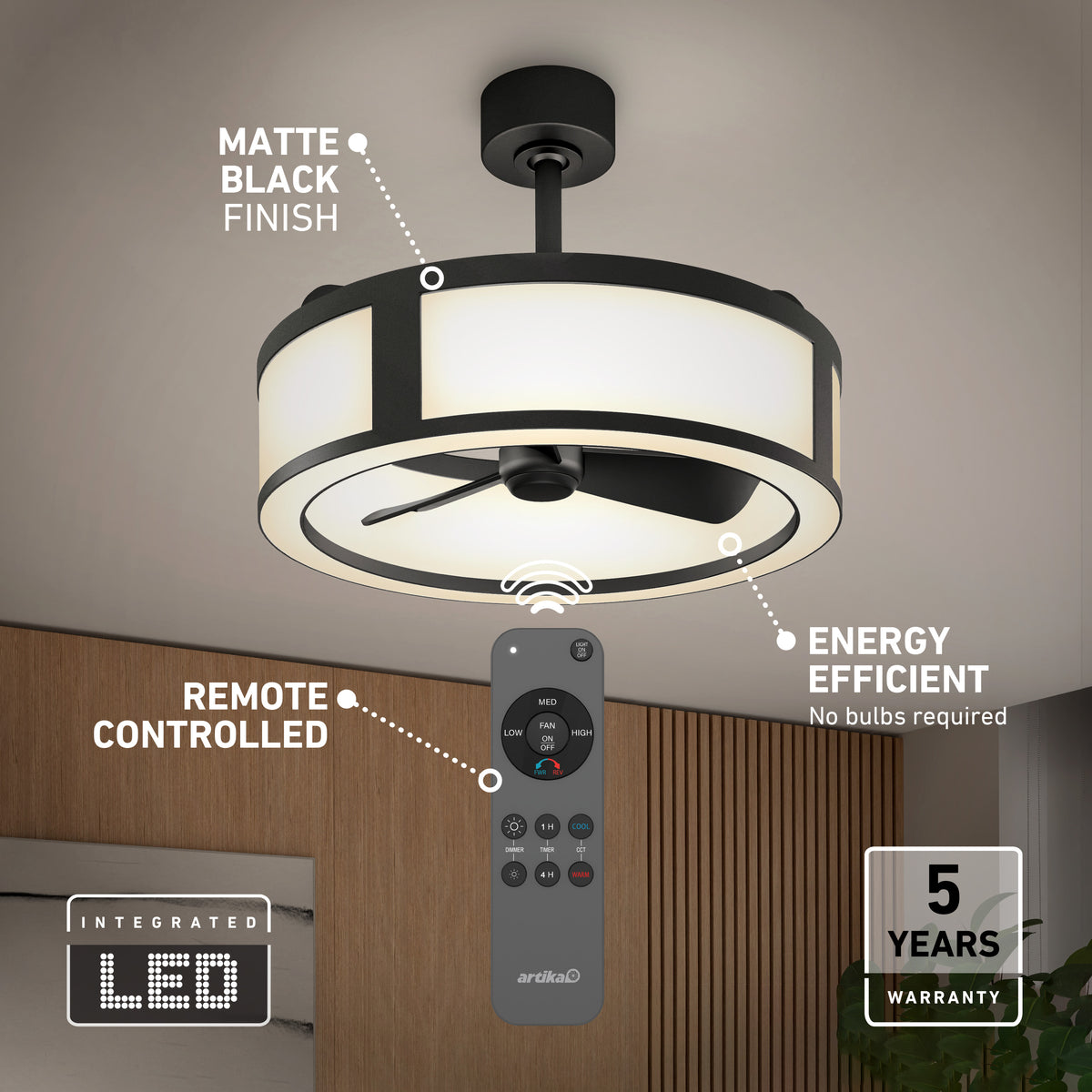 Modern ceiling fan with matte black finish and integrated LED light. Remote control shown, labeled as remote controlled, energy efficient, with a 5-year warranty. The fan is mounted on a white ceiling above a wooden wall.