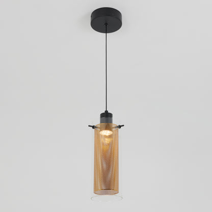 The Artika Oxion 1-light LED pendant features a black ceiling mount and cord, with a cylindrical glass shade and perforated gold metal inner layer, shown illuminated against a plain white background.