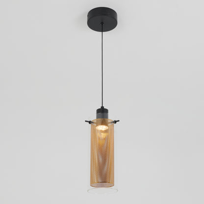 The Artika Oxion 1-light LED pendant features a cylindrical glass shade with a perforated metal inner cylinder, suspended from a black cord and ceiling mount, shown against a plain white background.