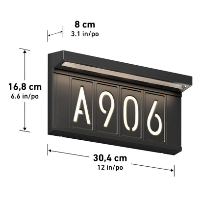 The Artika Bowen solar LED outdoor address wall light 5 CCT is a black, rectangular, wall-mounted sign with illuminated numbers. Maintenance-free, it measures 16.8cm tall, 30.4cm wide, and 8cm deep, with visible measurement lines and labels.