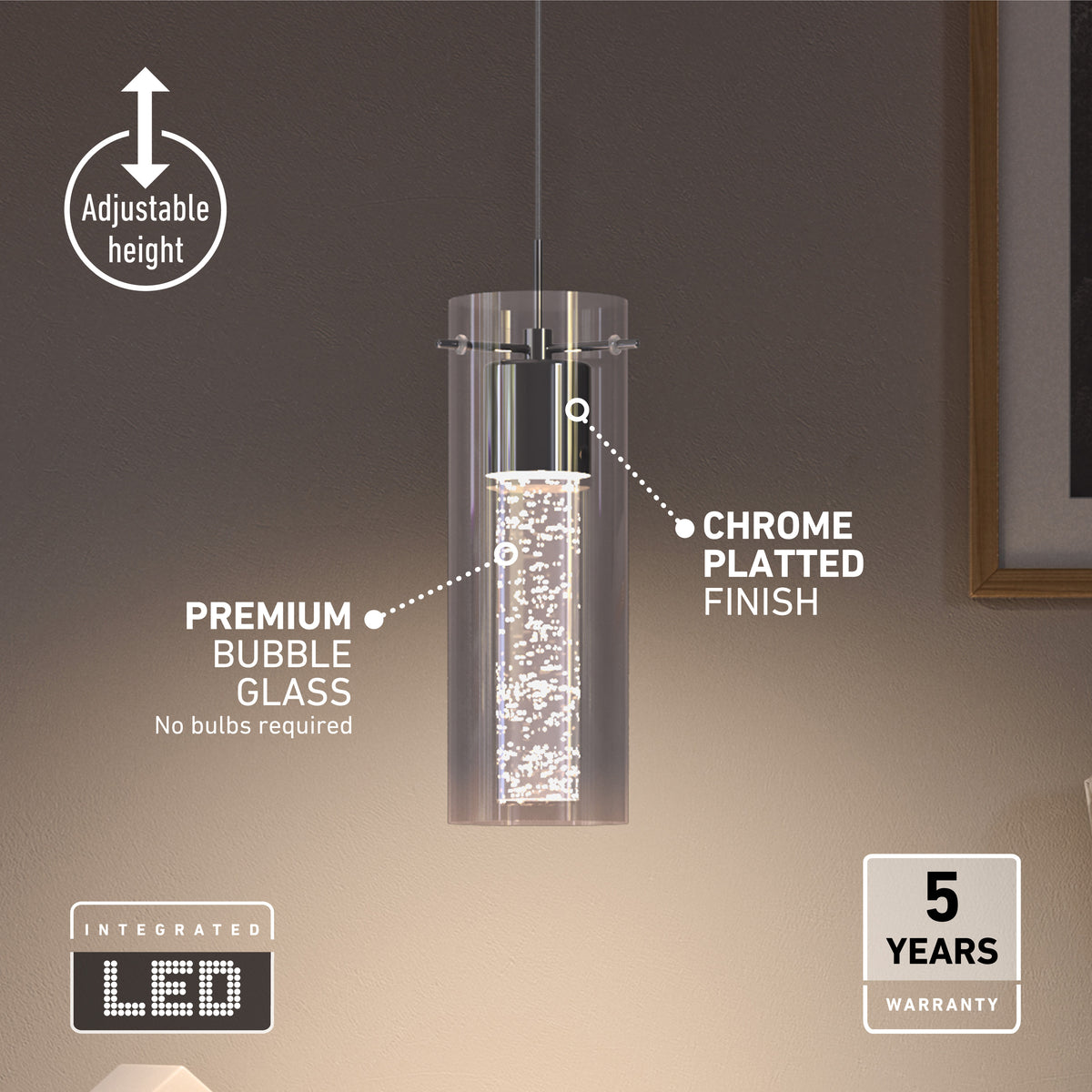 A modern pendant light with a cylindrical glass shade featuring bubble glass and a chrome-plated finish. It hangs from the ceiling with adjustable height and includes an integrated LED. A 5 years warranty label is shown.