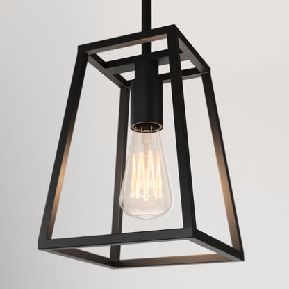 The Artika Carter 1-light pendant features a black geometric metal frame with an exposed filament bulb, creating a modern look against a plain white background.