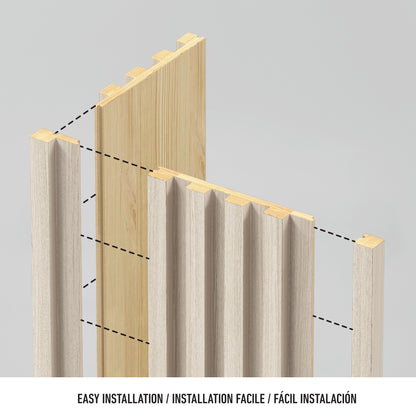 Diagram showing Artika Panolok 30.67 ft wall panel kit (pack of 8) with interlocking edges, demonstrating how panels fit together for easy installation. Text below: EASY INSTALLATION / INSTALLATION FACILE / FÁCIL INSTALACIÓN.
