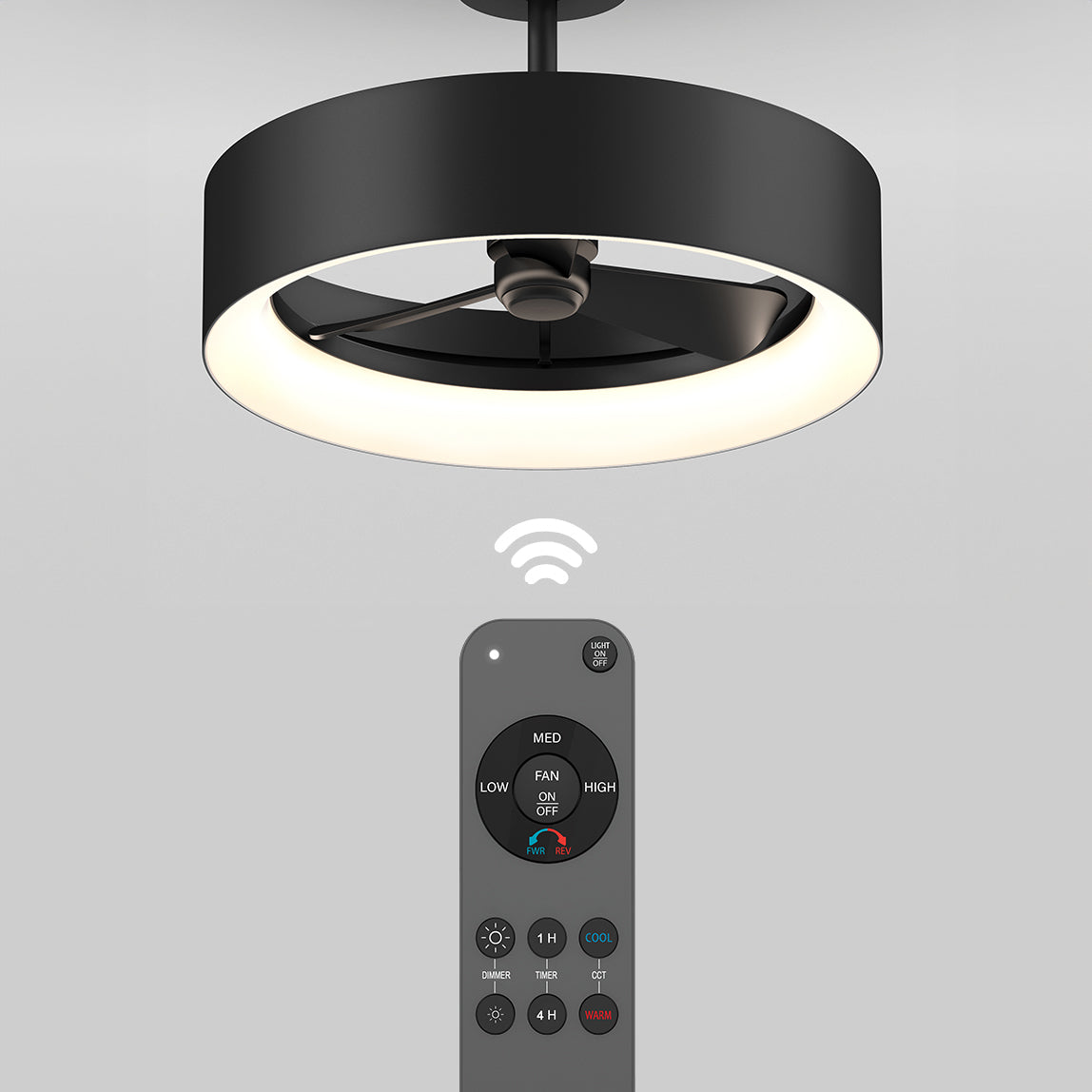A modern black ceiling fan with an integrated circular LED light, shown with a remote control below it displaying various fan and light settings. Wireless signal indicator between the fan and remote.