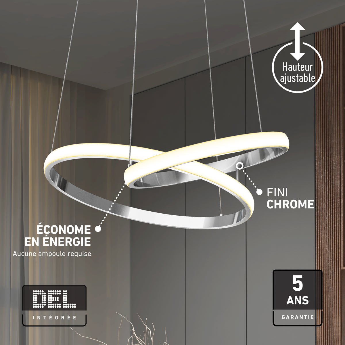 Artika Mora 28″ LED Pendant—adjustable height, 5CCT color temps, energy-saving, sleek modern rings, dimmable chrome finish.