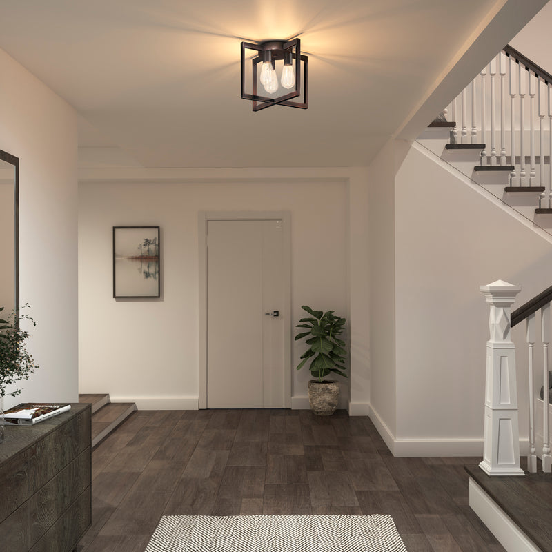 Modern hallway with dark wood floor and stairs is lit by Artika Yale 3-light 15 in. Flush Mount Ceiling Light.