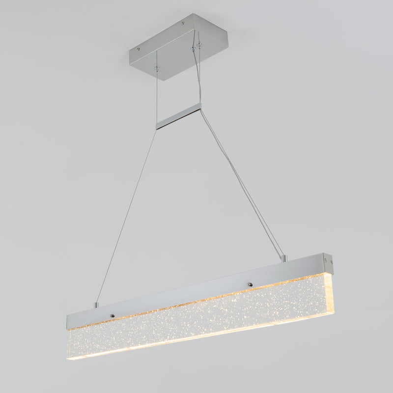 The Artika Essence Bar LED pendant light features a frosted, textured glass shade with metal accents, suspended by two cables from a rectangular ceiling mount, shown against a white background.