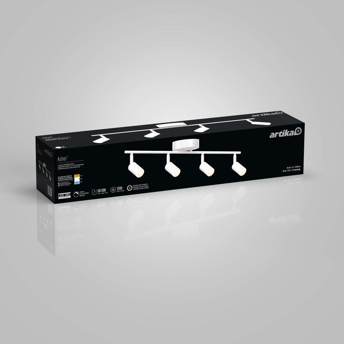 Artika Asher 32 in. 4-Light LED Track Light (3CCT) box with four adjustable spotlights shown on packaging.
