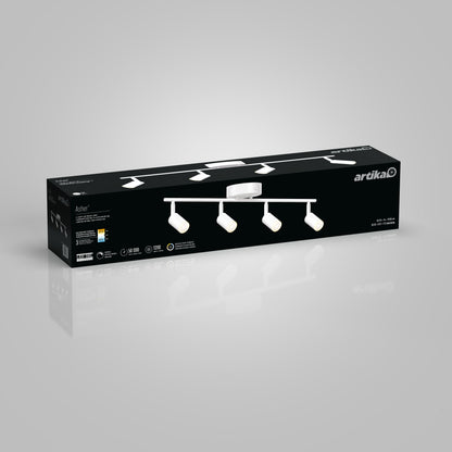 Artika Asher 32 in. 4-Light LED Track Light (3CCT) box with four adjustable spotlights shown on packaging.