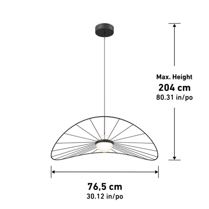 The Artika Tolena LED pendant light features a black wire frame and central white bulb, suspended from the ceiling. It measures 76.5 cm wide with a max hanging height of 204 cm, and offers 3 CCT settings.