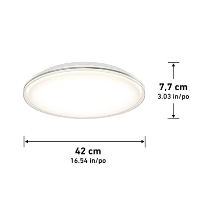 The Artika Astrid 16.5 in. LED flush mount light features a round, white design with a glowing center, measures 42 cm (16.54 in) wide by 7.7 cm (3.03 in) high, and includes measurement arrows beside the fixture.